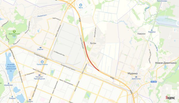 На КАД Петербурга в районе развязки с проспектом Культуры перекроют две полосы внешнего кольца